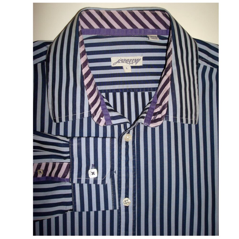 JEREMY ARGYLE Blue Two-Tone Striped, Contrast Trim Long Sleeve Poplin Shirt